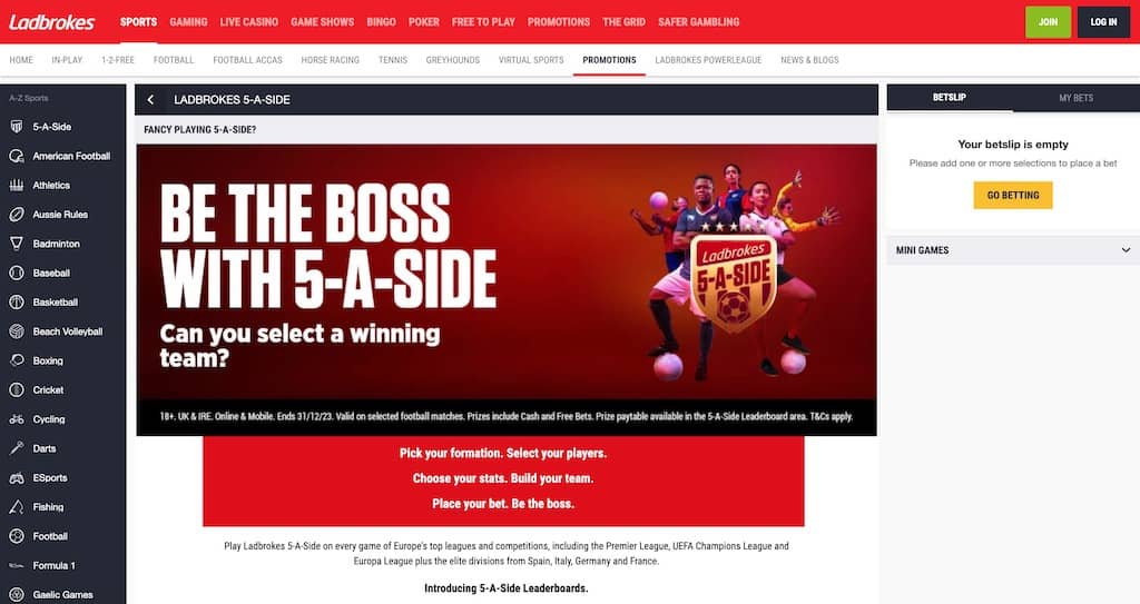 Ladbrokes 5-A-SIDE Promo screen