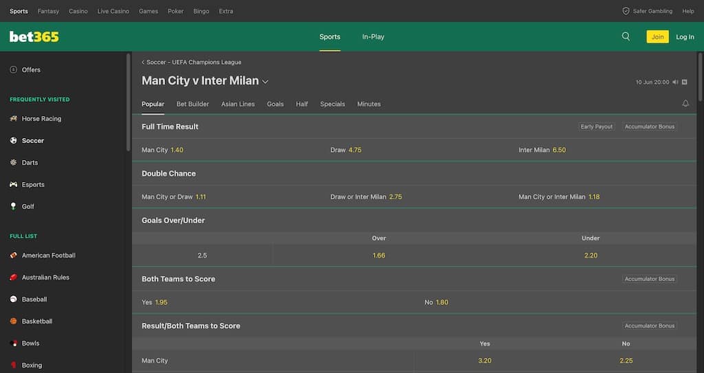 bet365 UEFA CL page