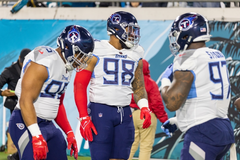 95 Demarcus Walker 97 Kevin Strong 98 Jeffery Simmons Tennessee Titans vs Jacksonville Jaguars January 7, 2023 at Tiaa Bank Field Jacksonville Florida