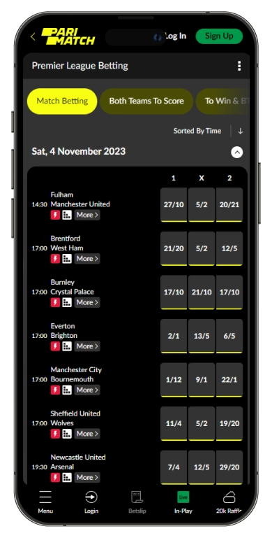 Parimatch football mobile screenshot