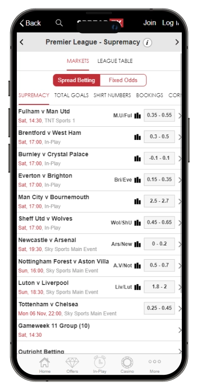SpreadEx football mobile screenshot