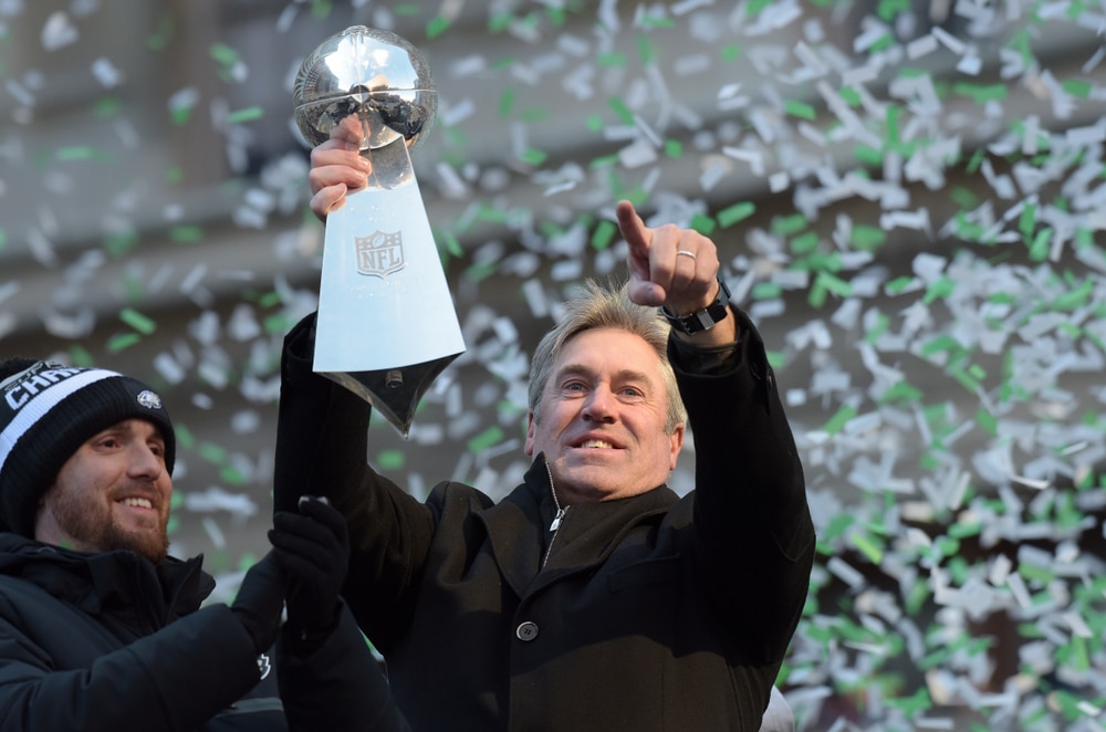 Philadelphia Eagles head coach Doug Pederson celebrates the Super Bowl LII win during a parade