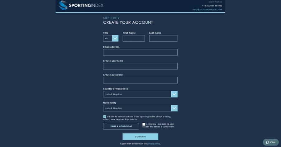 Sporting Index registration process screenshot